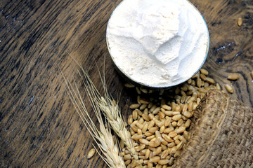 Pile of organic whole grain wheat. Fresh harvested wheat grain on wooden background. Wheat grains and wheat flour in wooden textured background. Food ingredient cereals concept.