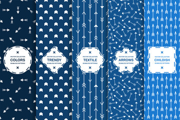 Set of seamless creative arrow patterns - blue design. Vector trendy backgrounds