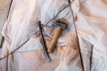 Sticker - Overhead shot of construction tools on white plastic bags