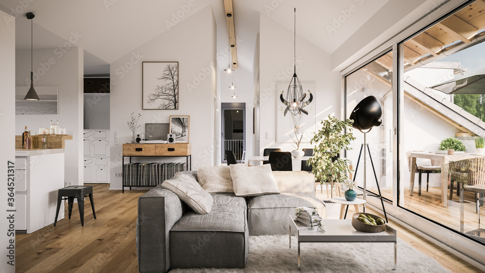 view inside modern luxury attic loft apartment - 3d rendering - obrazy, fototapety, plakaty 