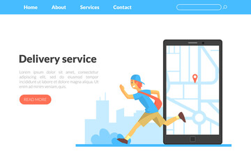 Poster - Delivery Service Landing Page Template, Courier Worker Delivering Goods from Online Stores Web Page, Mobile App, Homepage Vector Illustration