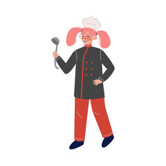 Sticker - Woman Professional Chef Character with Laddle, Female Kitchener Wearing Traditional Uniform Working in Restaurant or Cafe, Vector Illustration