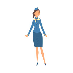 Canvas Print - Stewardess in Blue Uniform, Flying Attendant or Air Hostess Character Vector Illustration on White Background