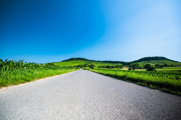 The road surrounded by the green field under the blue sky