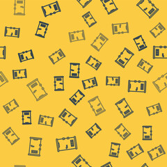 Blue line Prison cell door with grill window icon isolated seamless pattern on yellow background. Vector Illustration.