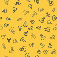 Blue line Heart shape in a light bulb icon isolated seamless pattern on yellow background. Love symbol. 8 March. International Happy Women Day. Vector Illustration.