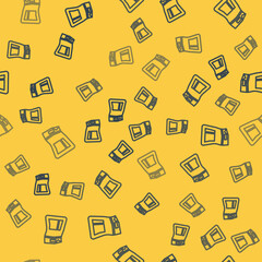 Sticker - Blue line Cement bag icon isolated seamless pattern on yellow background. Vector Illustration.