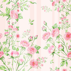  Great print for your design and decor. Seamless pattern of bouquets of roses drawn by pencil and paints on paper.