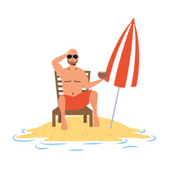 Canvas Print - man relaxing on the beach seated in chair and umbrella