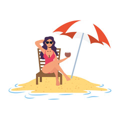 Canvas Print - young woman relaxing on the beach seated in chair and umbrella