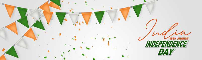 India Independence Day. Indian national August 15th holiday celebration banner with orange, white, and green bunting flags. Vector illustration.