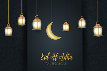 Eid Al Adha Mubarak banner. Muslim holiday of sacrifice. Islam religious celebration. Arabic design concept. Golden moon and lantern, calligraphy lettering on black background with ornament.