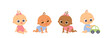 Set of babies cartoon characters. International babies playing with toys.