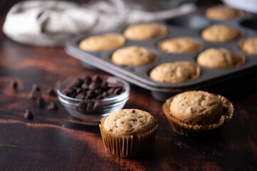 Wall Mural - chocolate chip muffin on dark wooden board