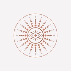 Wall Mural - Abstract outline Sun or moon with Eye. Minimalistic round Icon. Astrology esoteric mystic concept. Elegant geometric design. Trendy Vector illustration. Pink gold style. Simple design. Logo template