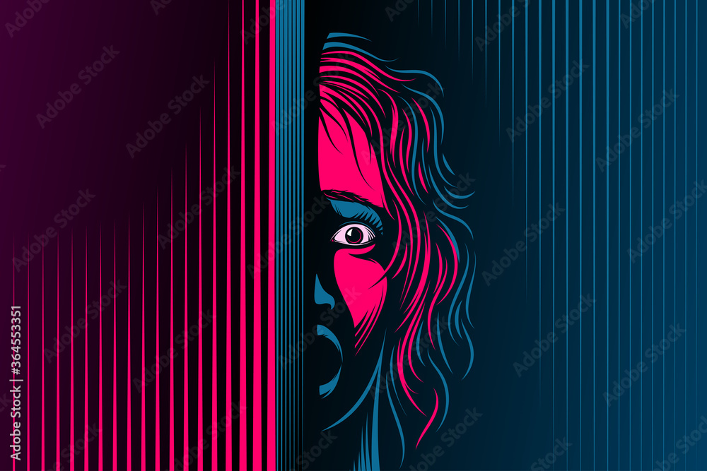 Woman with open mouth, eyes. The emotion of fear, scared on face. Girl is in shock, dumbfounded, stupor, speechless. Victim of domestic violence, abuse. Vector illustration in retro noir comics style - obrazy, fototapety, plakaty 