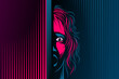© ALXR - Woman with open mouth, eyes. The emotion of fear, scared on face. Girl is in shock, dumbfounded, stupor, speechless. Victim of domestic violence, abuse. Vector illustration in retro noir comics style