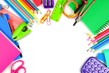 Wall Mural - School supplies arched frame. Top view isolated on a white background with copy space. Back to school concept.