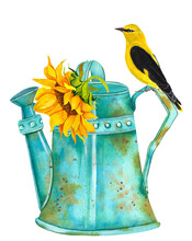 Bird On A Metal Vintage Watering Can. Gardening Equipment. Flower And Garden Care.