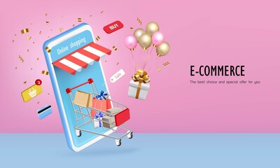 The smartphone is floating with shopping cart and balloon for online shopping 