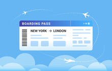 Boarding Pass Concept Vector Illustration Of A Big Aircraft Boarding Ticket And Airplanes Flying Around In Clouds. Blank Design Of Promo Banner For Website On Blue Background