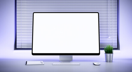 Poster - Minimalist desktop computer mockup with blank screen and ambient blue light in modern office setup