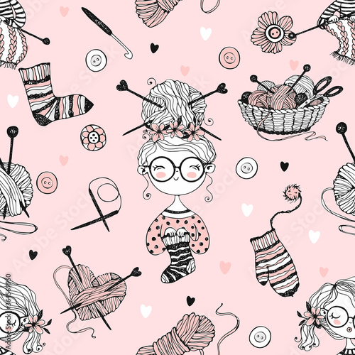 seamless-pattern-on-the-theme-of-knitting-with-cute-knitter-girls-in-doodle-style-vector