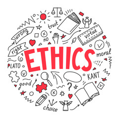Wall Mural - Ethics. Moral hand drawn doodles and lettering isolated on white background. Education vector illustration.