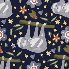 Wall Mural - Cute sloth cartoon vector seamless pattern in a flat style. Slow lazy animal nature kid print on a dark background. Mother with a baby among stars and flowers.