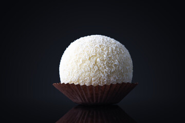 Big Coconut Candy or cake ball With White Chocolate Topping in a plate isolated