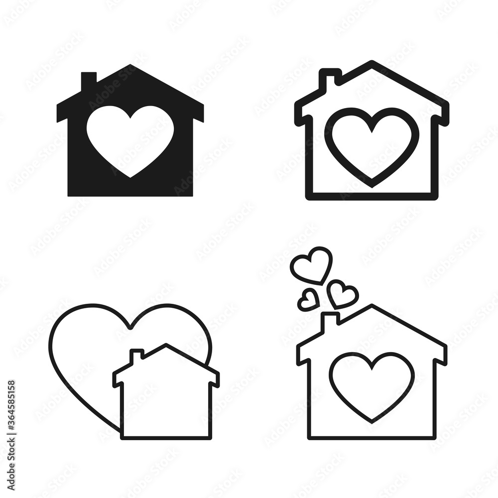 house icons with heart silhouettes and lines in black and white, symbol ...