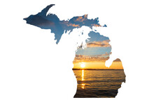 Outline Of The State Of Michigan With Photo Of Michigan Lake.