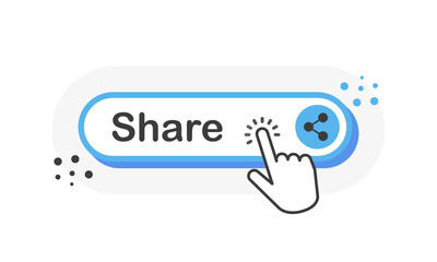 Aufkleber - Share blue 3D button with hand pointer clicking. White background. Vector