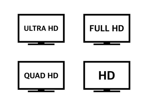 4K UHD, Quad HD, Full HD and HD resolution presentation TV nameplates of black color on white background. TV symbols and icons. Vector.