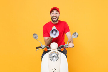 Sticker - Delivery man in red cap t-shirt uniform driving moped motorbike scooter scream megaphone isolated on yellow background studio Guy employee working courier Service quarantine pandemic covid-19 concept