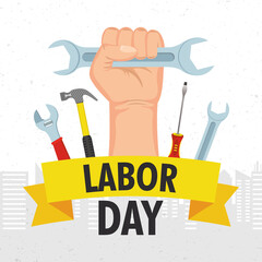 Wall Mural - happy labor day celebration with hand and wrench