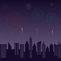 Sticker - Fireworks burst explosions with citycape in night sky background