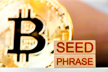 recovery phrase concept. wooden blocks with the phrase seed phrase with bitcoin on the background
