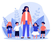 Kindergarten Teacher Walking With Kids. Positive Young Woman Leading Happy Kids By Hands Outdoors. Illustration For Pedagogy, Preschool, Primary School, Education Concept
