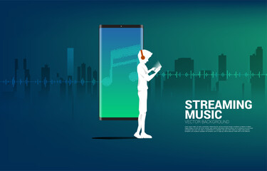 Aufkleber - Silhouette of man with headphone and Sound wave Music Equalizer background. audio visual headphone icon with line wave graphic style