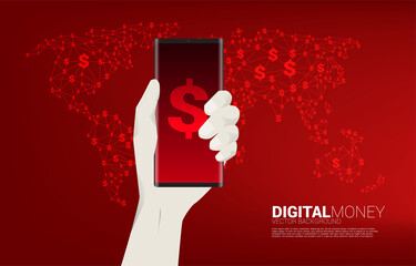 Poster - money USA dollar currency icon on mobile phone in hand with world map. Concept for digital dollar financial and banking.