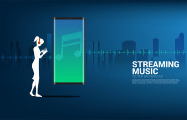 Aufkleber - Silhouette of woman with headphone and Sound wave Music Equalizer background. audio visual headphone icon with line wave graphic style