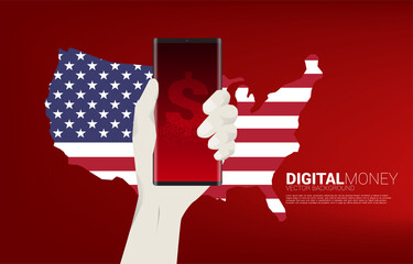 Poster - money USA dollar currency icon on mobile phone in hand with america map. Concept for digital dollar financial and banking.