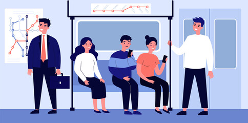 Wall Mural - Passengers travelling by underground flat illustration. People sitting in metro wagon and using smartphone during trip. Man holding handrail. Public transport and city's subway train concept