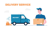 Delivery Courier Man Holding Package With Delivery Truck In Background. The Courier Brought The Parcel By Truck. Delivery Man And Track. Flat Design Modern Vector Illustration Concept.