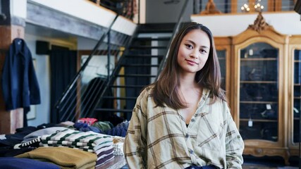 Wall Mural - Portrait Of Smiling Female Owner Of Fashion Store Standing In Front Of Clothing Display