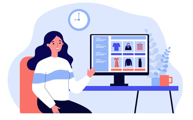 Young woman choosing clothes in online shop. Marketing, computer, store flat vector illustration. Shopping and digital technology concept for banner, website design or landing web page