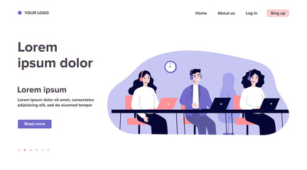 Poster - Smiling call center operators in office flat vector illustration. Cartoon characters with headsets and laptops supporting customers. Company support service and hotline concept