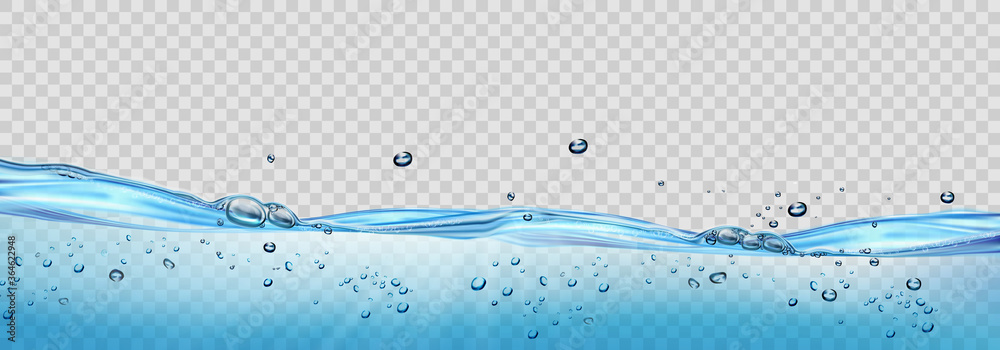 Realistic transparent Water waves with air bubbles and sunbeams on transparent background. Vector illustration - obrazy, fototapety, plakaty 