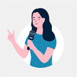 © DDDART - News reporter woman speaking on microphone. A woman holds a microphone in her hand. Business Woman Presentation with Hand Pointing. journalist, Singing, Show, flat vector illustration.